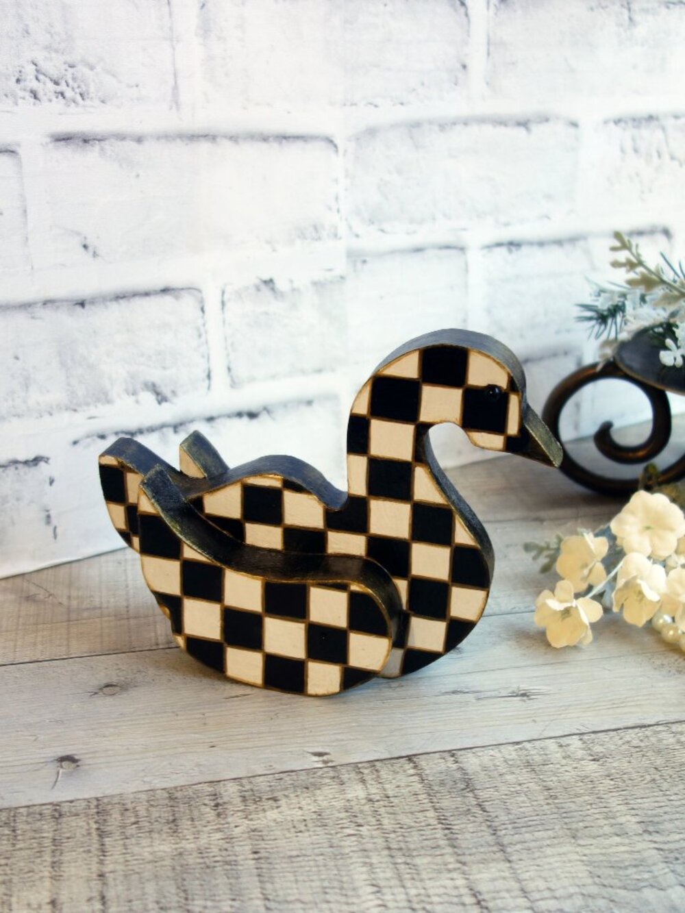 Checked Swan Figurine Black White Checkerboard Folk Art Bird Checked Table Decor